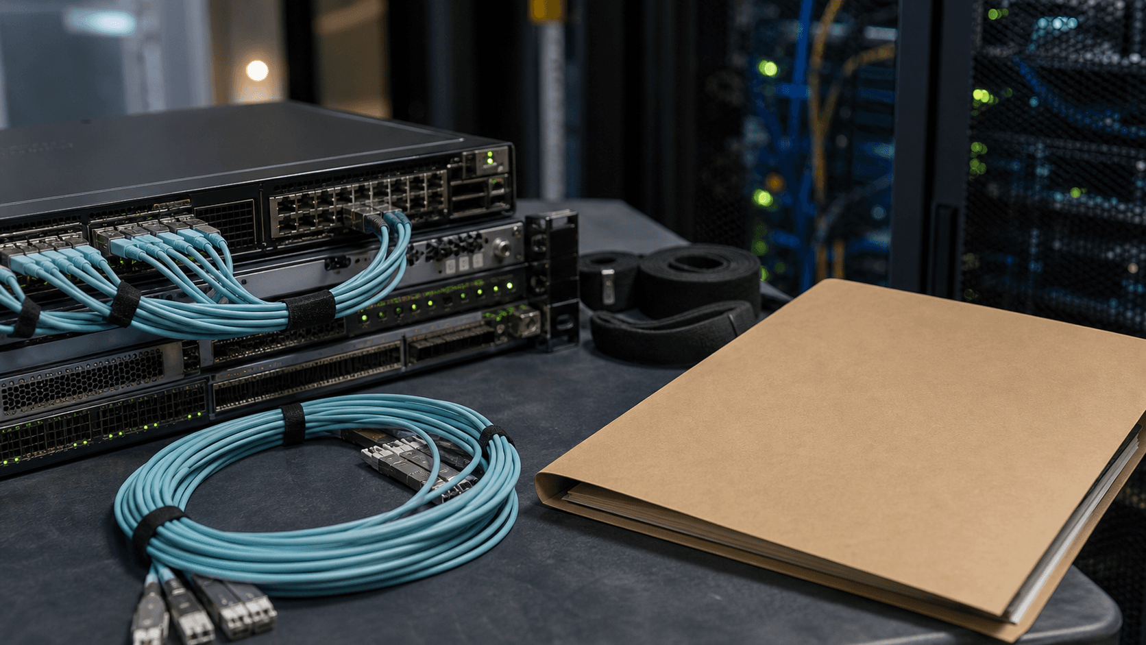 Unbranded rack equipment and fiber staged for SIANET operating-surface verification.