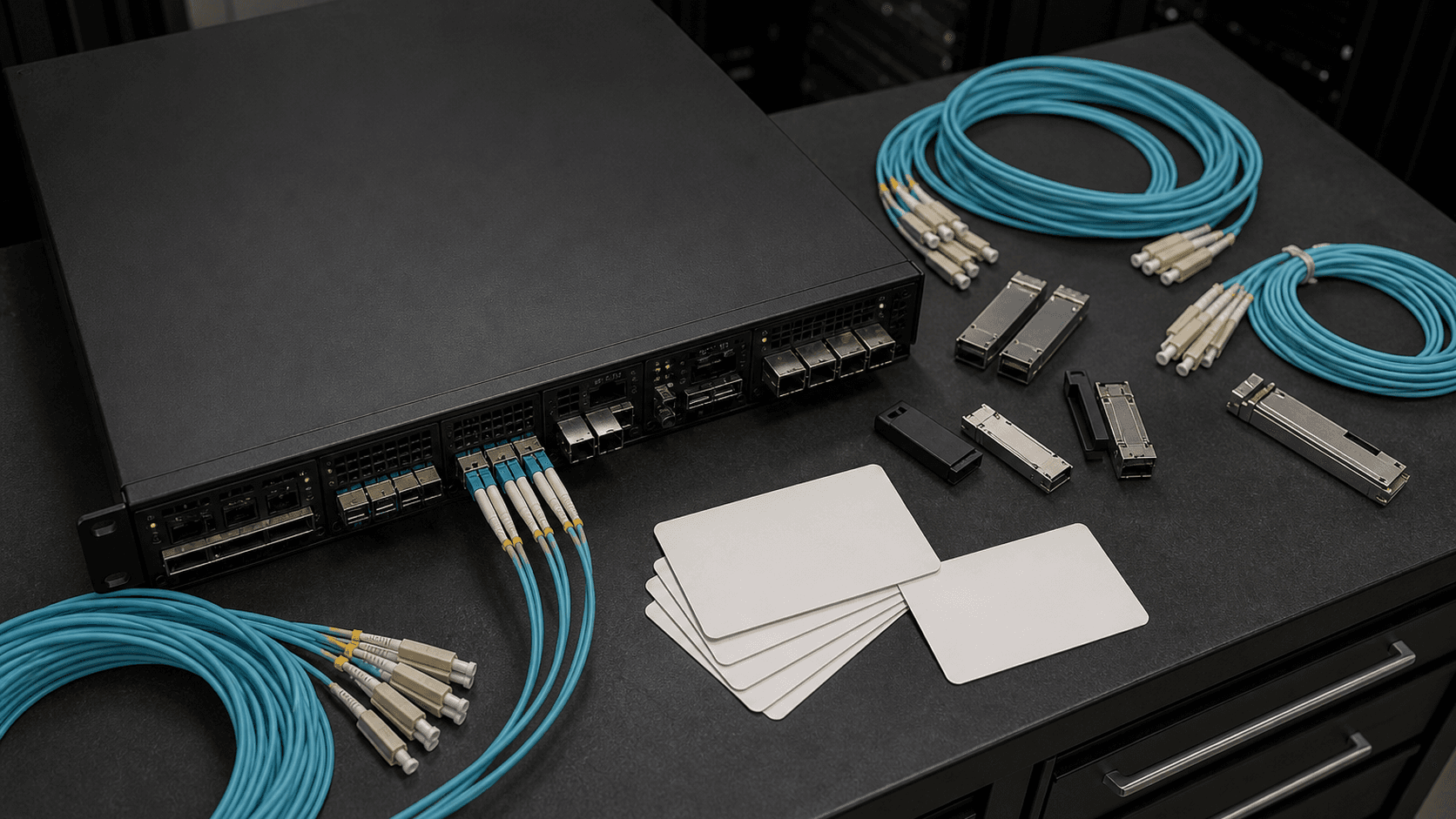 Blank service-location materials, fiber, and rack hardware representing Buena Hosting network-location checks.