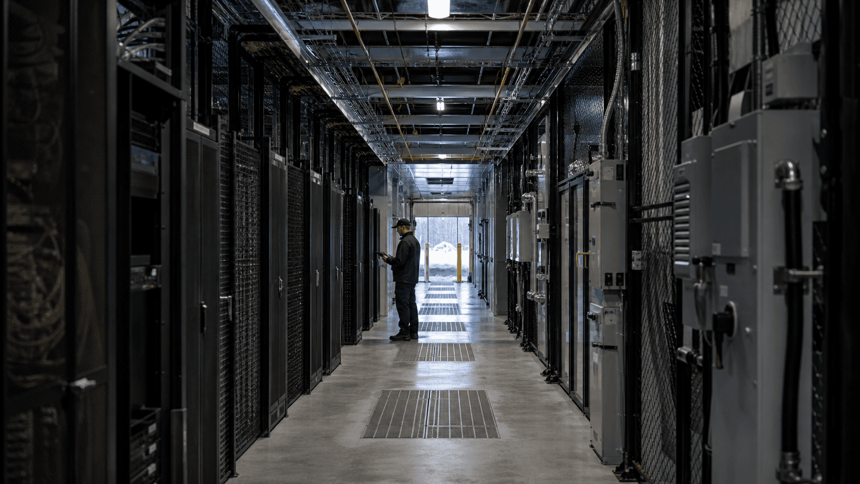 AI-generated editorial reconstruction of a technician inspecting infrastructure inside a Canadian data-centre suite.