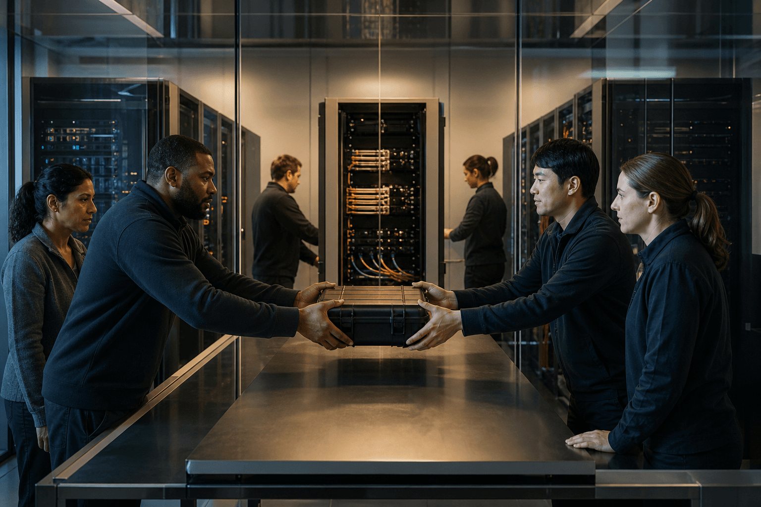 Photorealistic technical teams conducting a controlled equipment handover between two separate server suites through a neutral secure room.