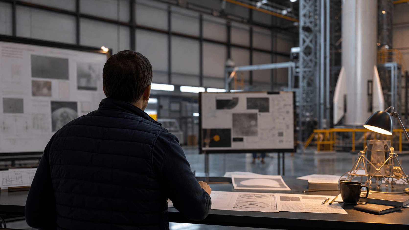 AI-generated anonymous no-face editorial scene of aerospace mission-planning work.