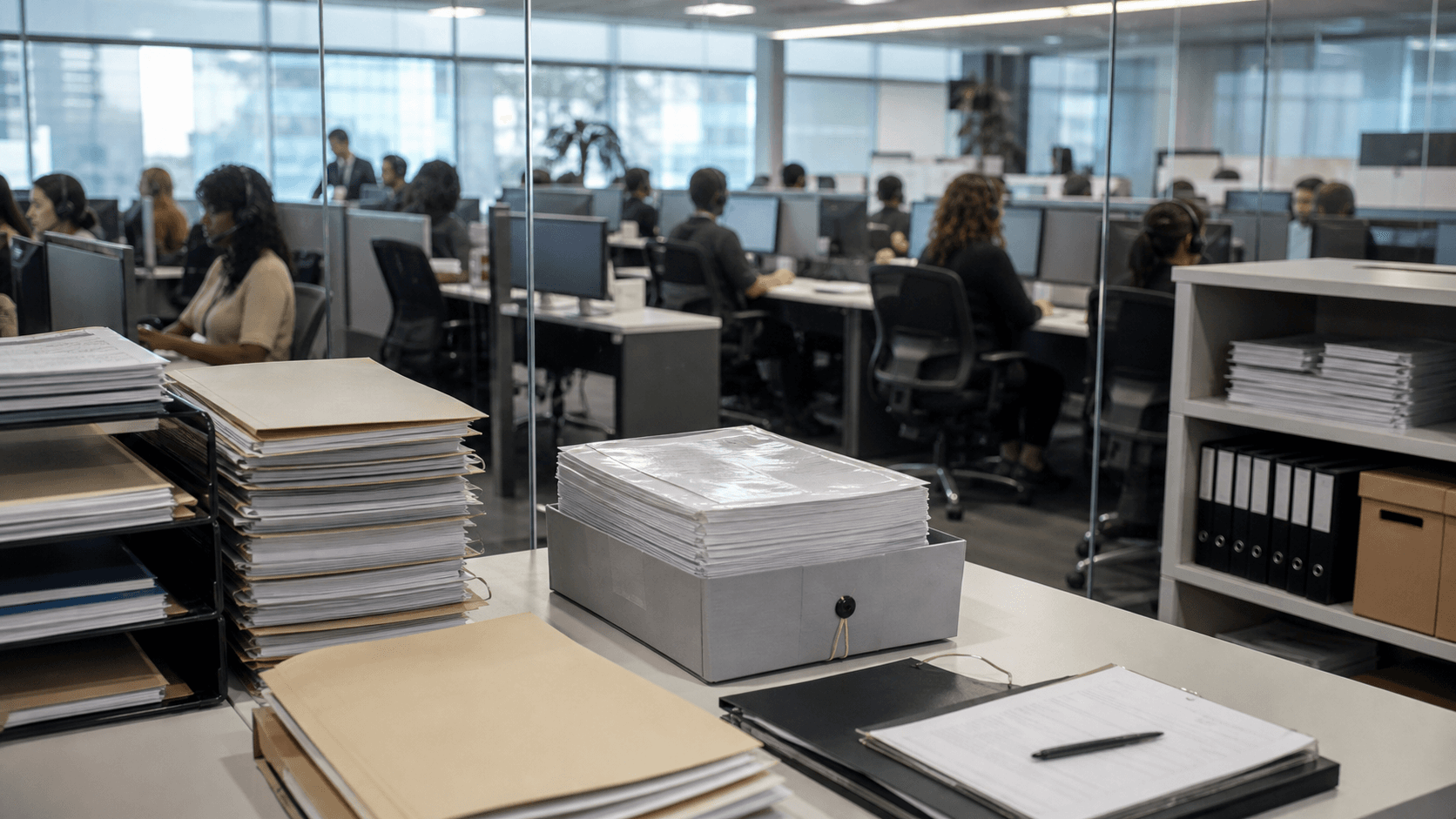 Document folders sit before an unbranded call-centre floor, illustrating contractor compliance checks.