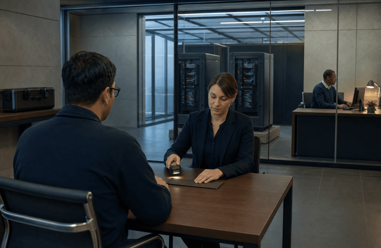 Small network operator and trained reviewer complete an attended verification at an unmarked desk with separate service cabinets and an alternative staffed route behind glass.