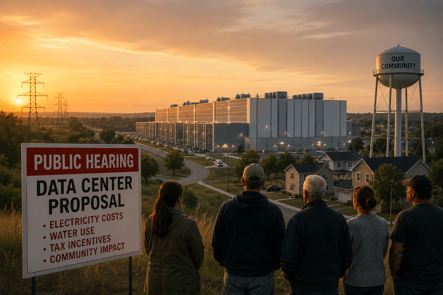 Residents view a proposed data-centre site near homes, power lines and water infrastructure during a public hearing.