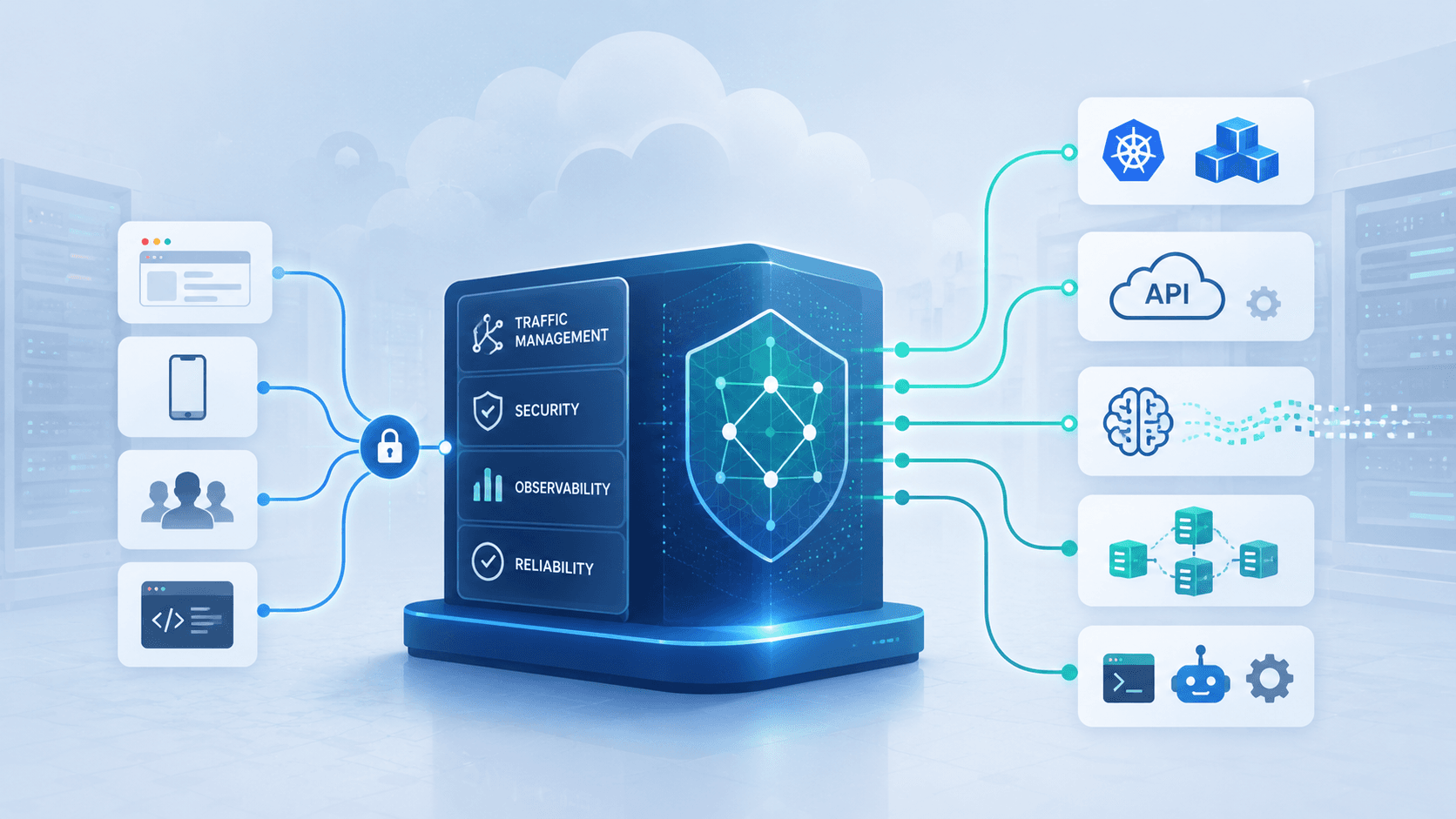 Illustration d’une passerelle Traefik reliant les applications cloud-native, les API, les services d’IA et les outils MCP.
