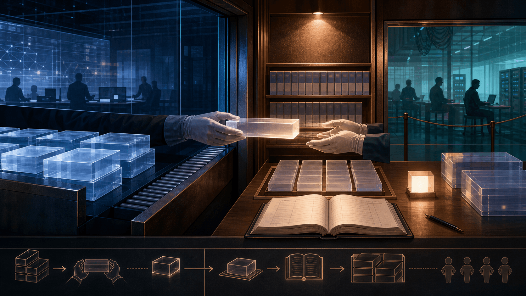 AI-generated editorial illustration of blank number inventory handed from an upstream technical repository into a bounded regional ledger; not documentary evidence.