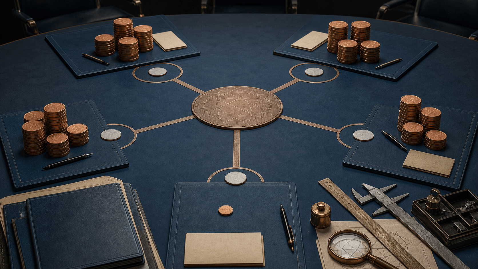 AI-generated editorial illustration of five coordination desks with unequal blank contribution-token stacks but equal-width participation lines; not documentary evidence.