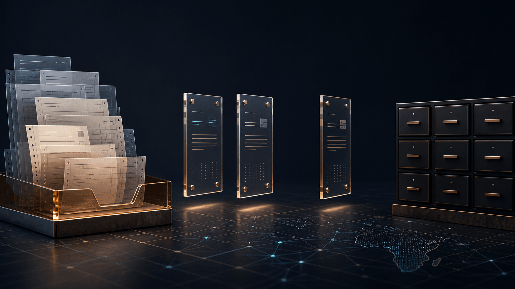 Text-free premium editorial still life of an abstract ledger, receivables slips and three separated approval plates beside closed membership drawers, representing the write-off, approval chain and an unproven closure link.