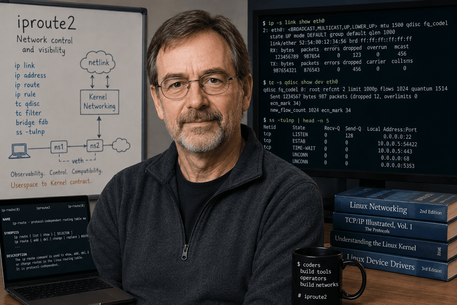AI-generated editorial portrait of a systems engineer surrounded by Linux networking commands, netlink diagrams and server administration tools