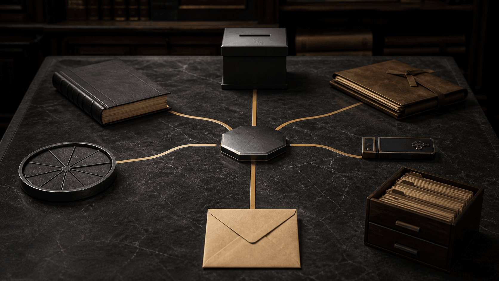 Conceptual still life of a deceptive unsigned election envelope approaching one central access token, with six distinct textless paths branching to a ballot box, organisation ledger, transfer folder, reverse-DNS zone object, RPKI key object and IRR route-card cabinet.