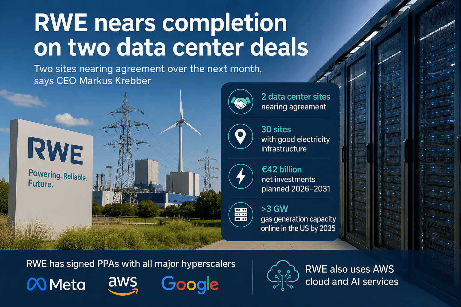 AI-generated editorial illustration showing RWE energy infrastructure alongside data centre server racks as two proposed data centre sites near agreement.