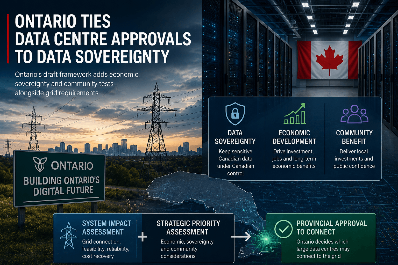 AI-generated editorial illustration showing Canadian data-centre infrastructure, electricity transmission and Ontario's proposed data-sovereignty criteria for project approvals.