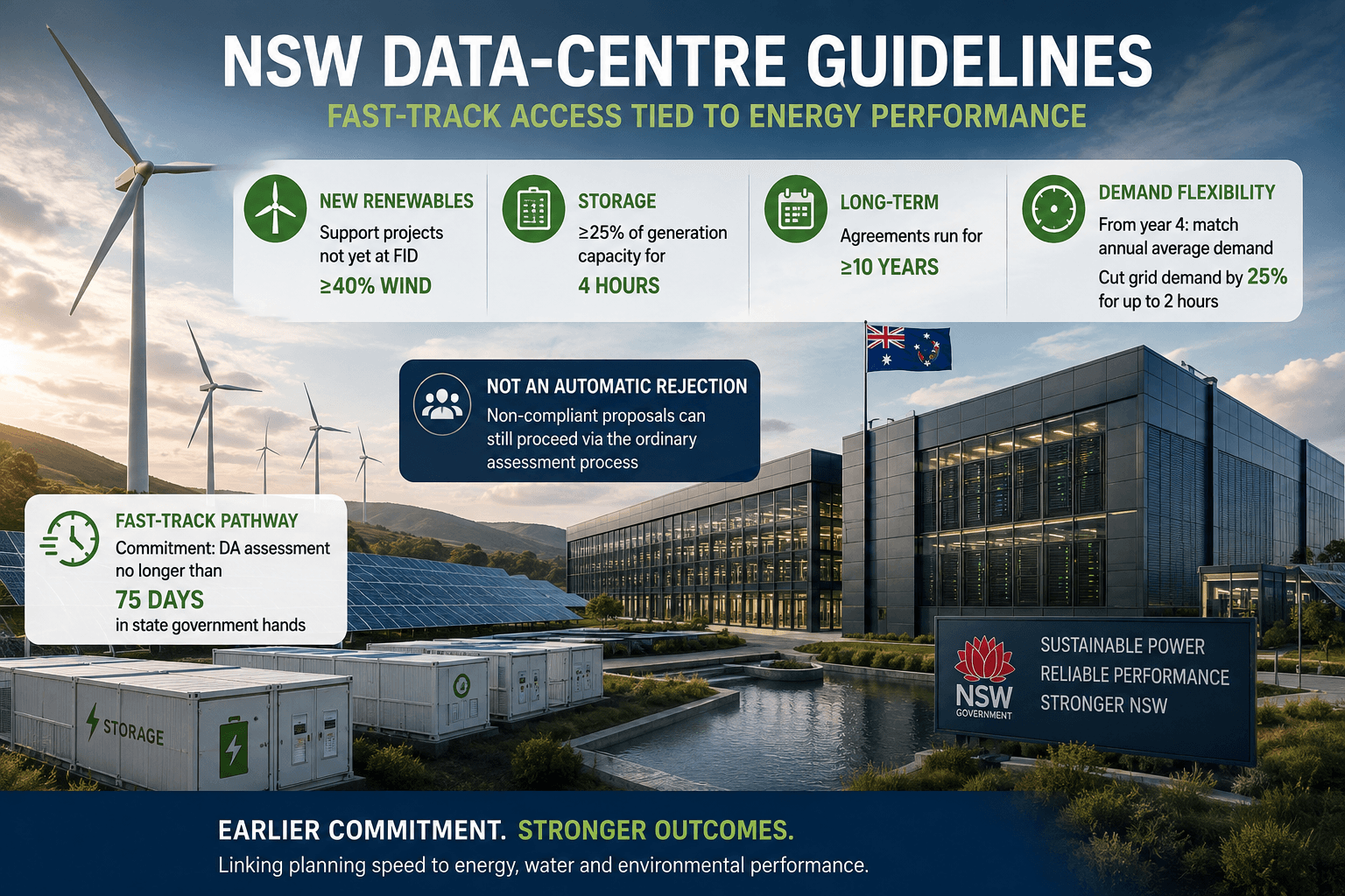 AI-generated editorial illustration of a NSW data centre with wind, solar and battery storage representing the state's new fast-track planning requirements.
