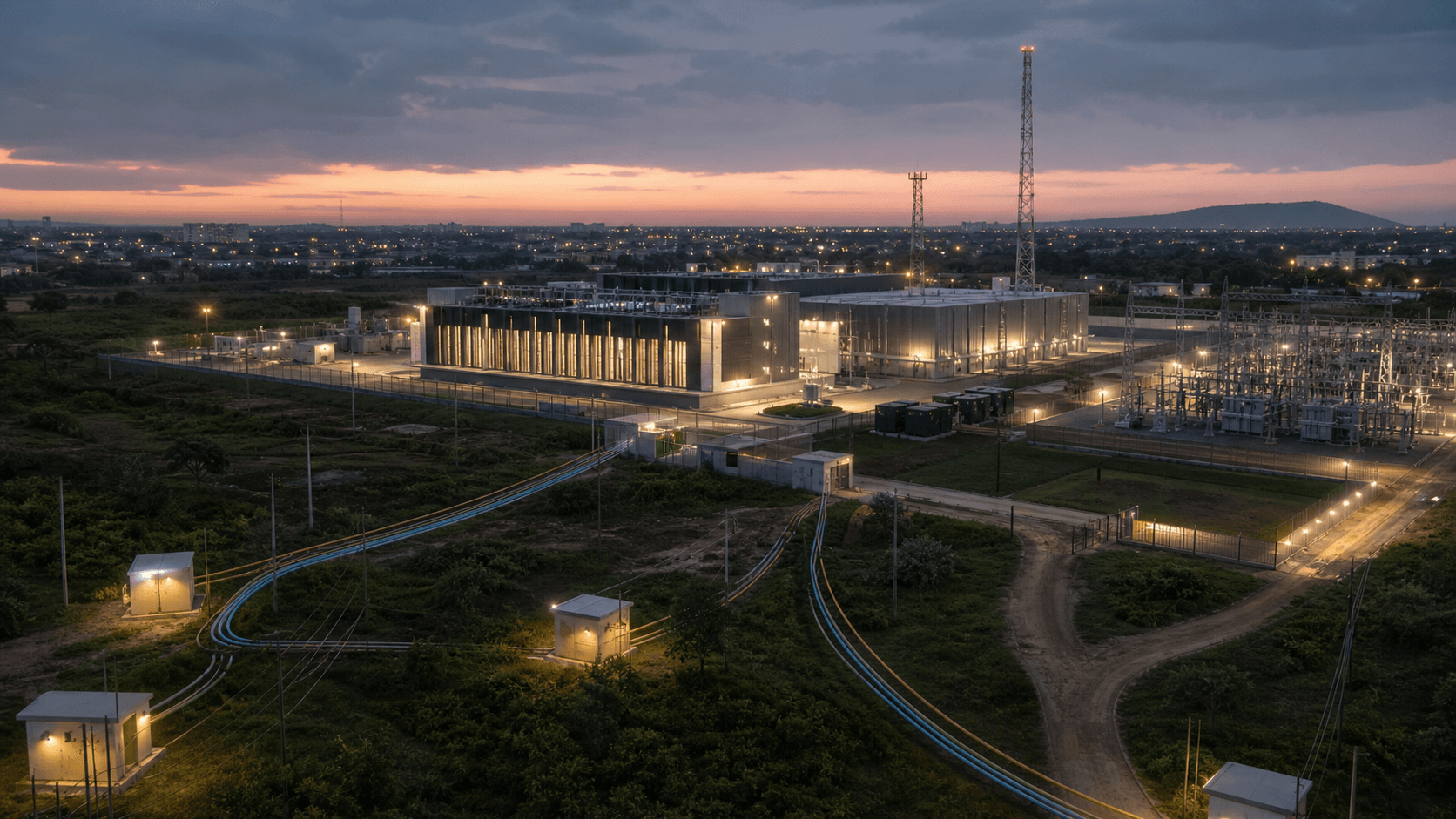 AI-generated aerial view of a generic data-centre campus at dusk, surrounded by electrical infrastructure, telecom towers and multiple coloured connectivity conduits leading toward the facility.