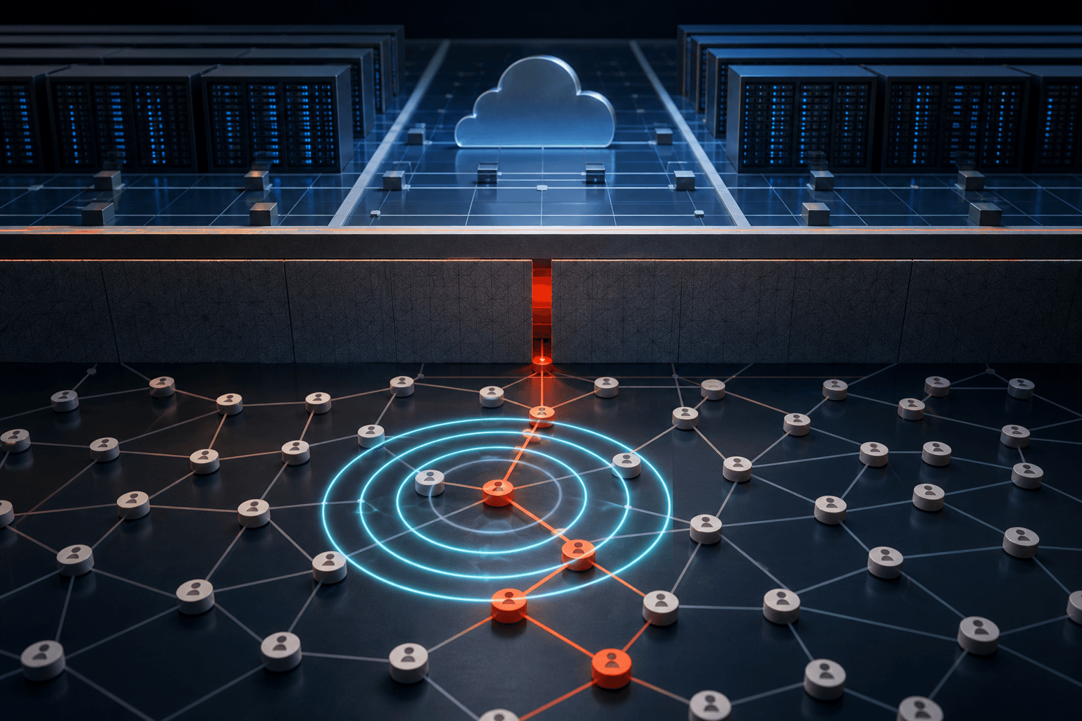 A narrow amber intrusion path reaches a customer identity lattice under cyan containment rings while a separate cloud and data-centre service plane remains visually isolated