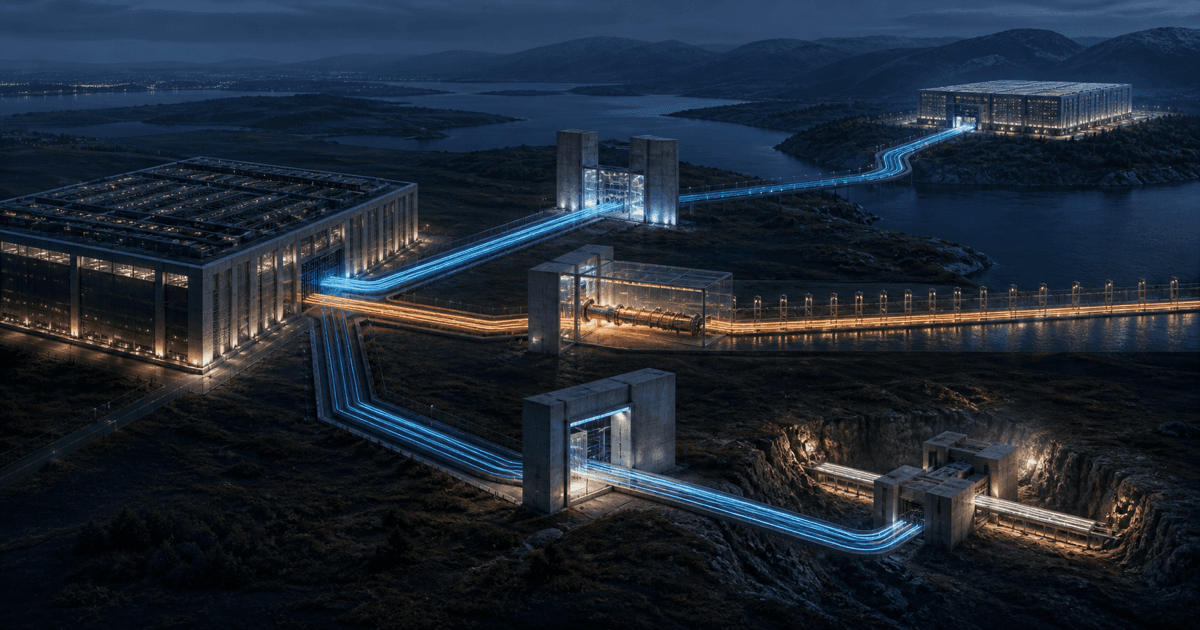 A cloud data campus sends three fibre corridors through different architectural gates toward distinct destinations and interconnection paths.