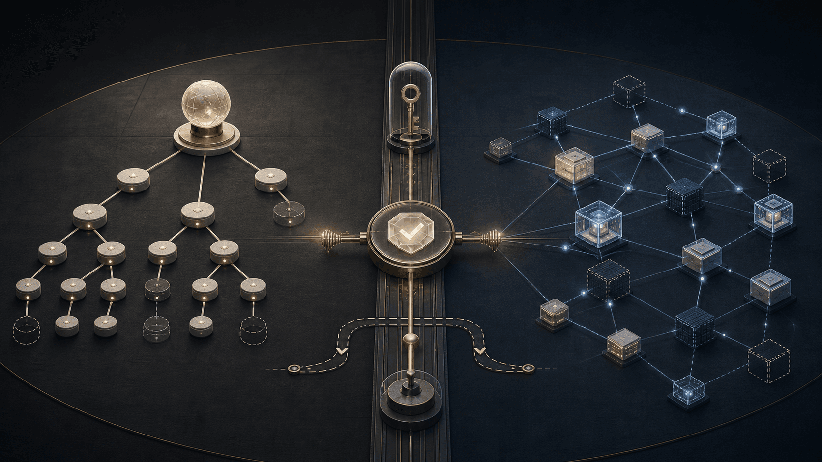 A shared controller key synchronizes a hierarchical DNS delegation tree with an alternative naming mesh while a contained turn-down path remains available.