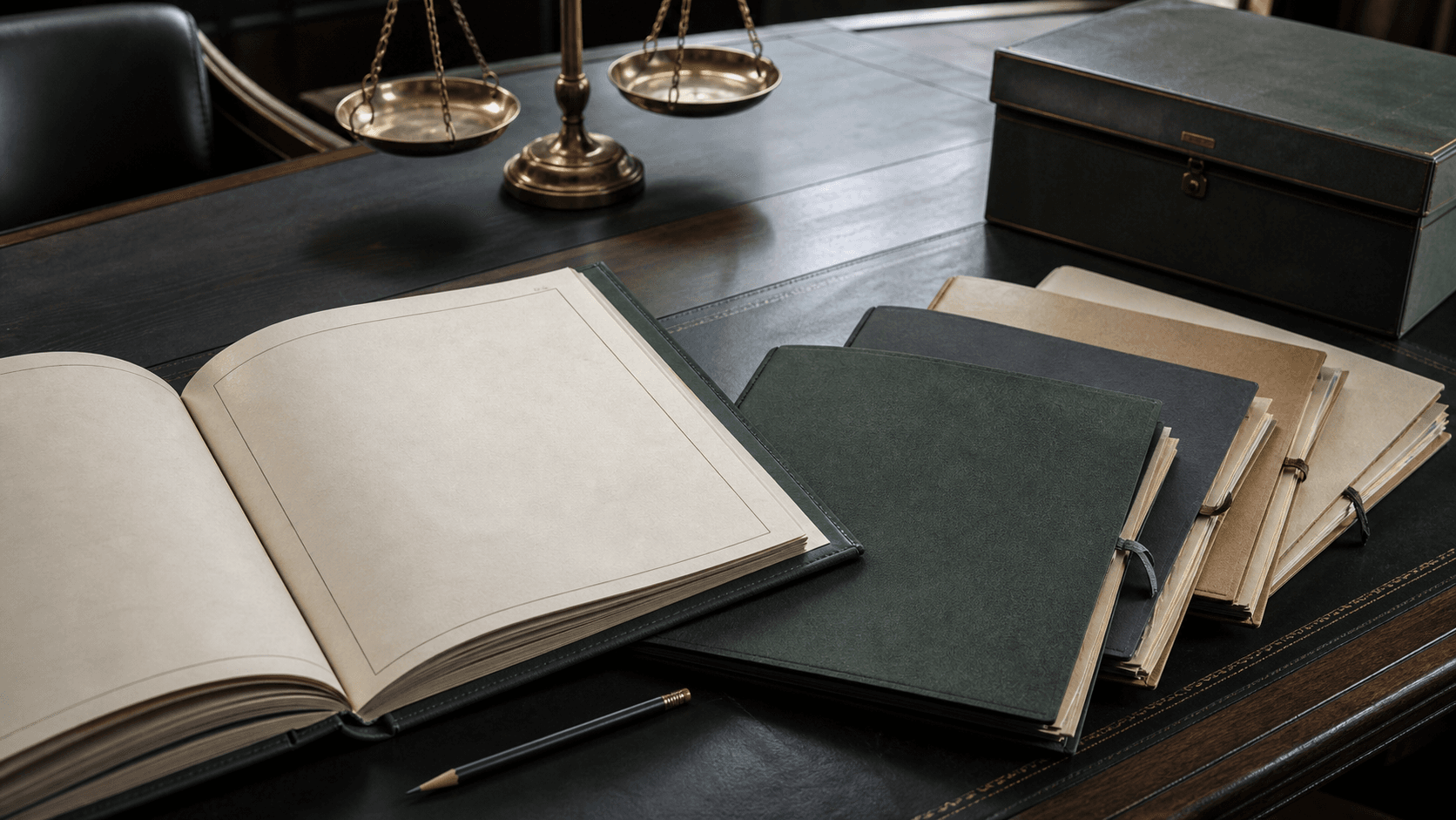 An open constitutional draft displays a blank clause beside four successive document folders, a legal balance and a sealed archive box.