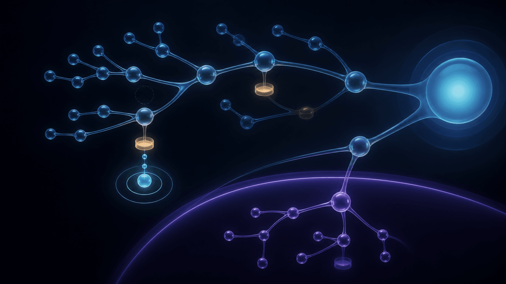 A glass DNS name tree leads from a soft root to one amber synthesis source that creates a translucent cyan leaf while a separate violet delegated branch remains bounded.