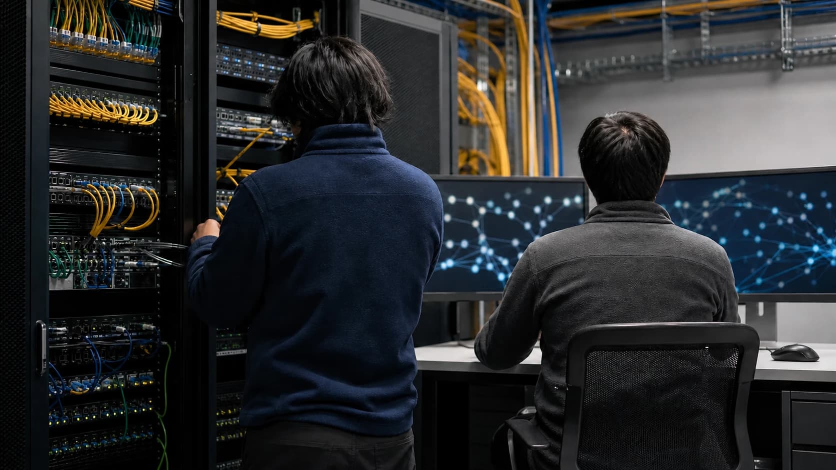 Two anonymous network technicians, seen from behind, work beside unbranded fibre equipment and abstract displays in a generic operations room.