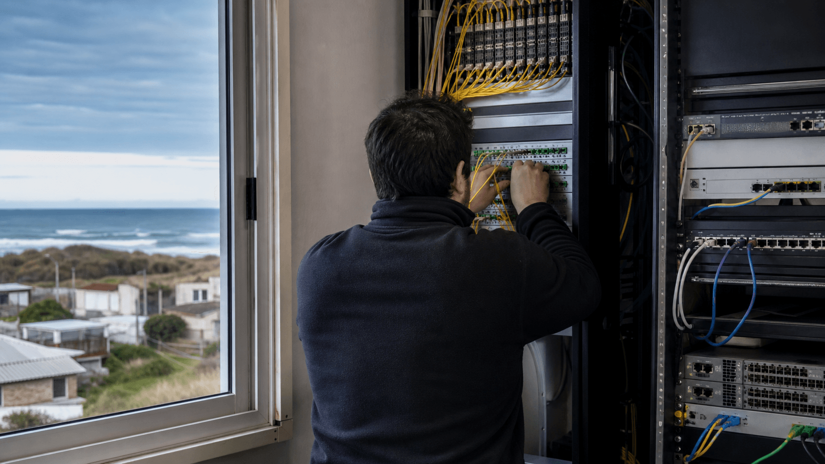 Anonymous network operator working on fibre equipment in a fictional coastal network workspace