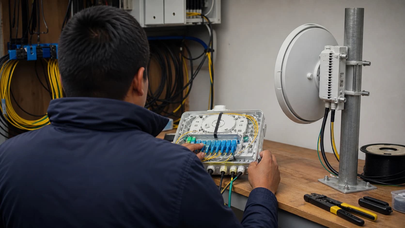 An anonymous technician seen from behind inspecting fibre and fixed-wireless equipment in an unbranded workspace.