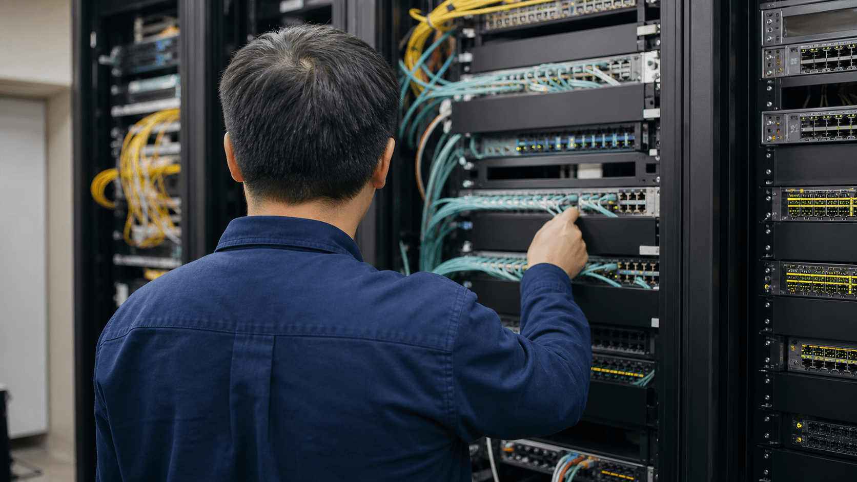 An anonymous campus network operator examines unbranded network racks in a fictional equipment room.
