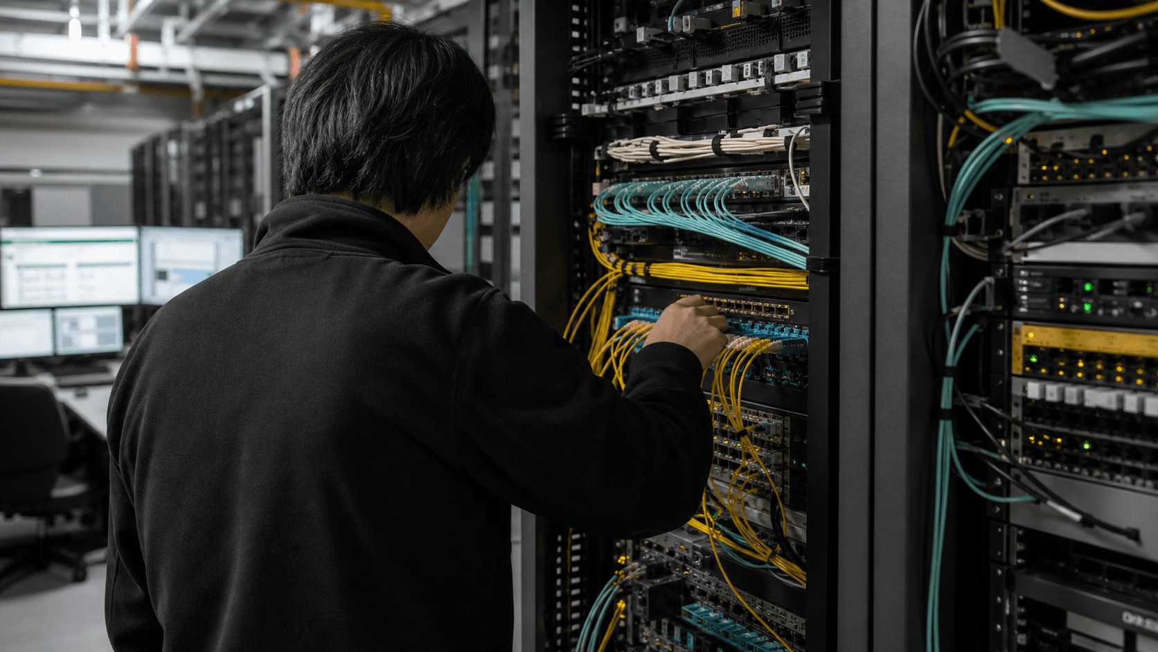 An anonymous network operator seen from behind checks fibre connections in an unbranded Internet exchange equipment room.