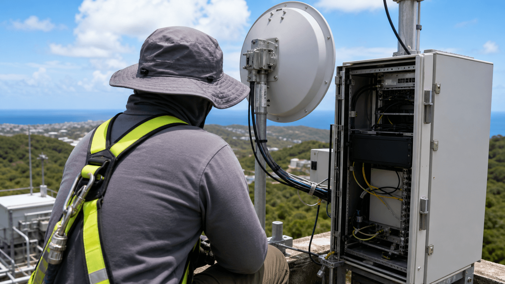 An anonymous network technician inspects an unbranded point-to-point microwave dish and equipment cabinet at a generic coastal communications site.