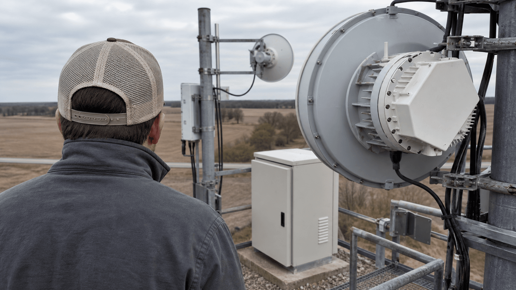 An anonymous network operator inspects unbranded fixed-wireless and microwave equipment in a generic rural setting.