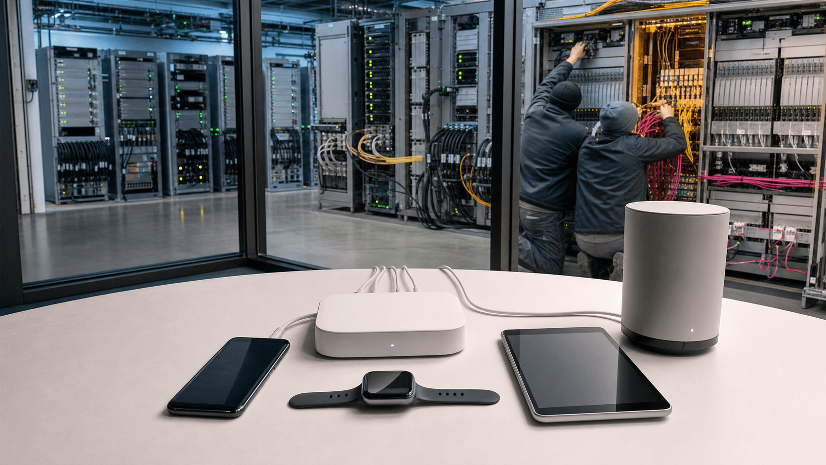 One neutral account hub connects several consumer devices while technicians integrate a small section of mobile network equipment behind glass
