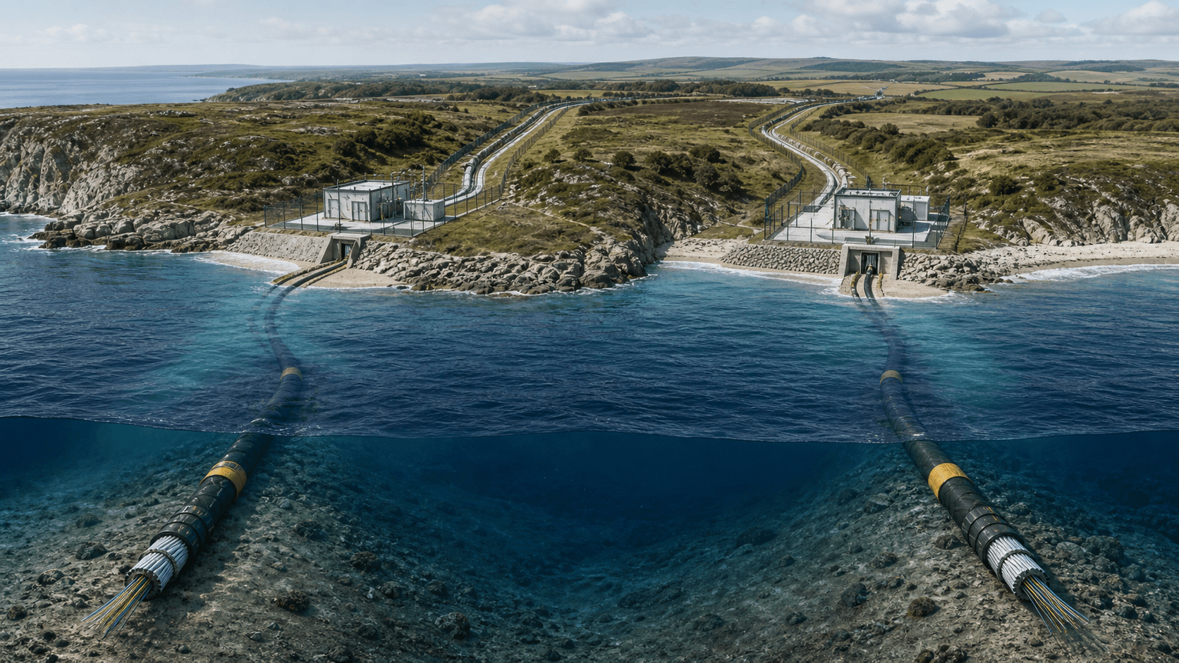 Two submarine fibre cables reaching separate coastal landing facilities and independent inland corridors.