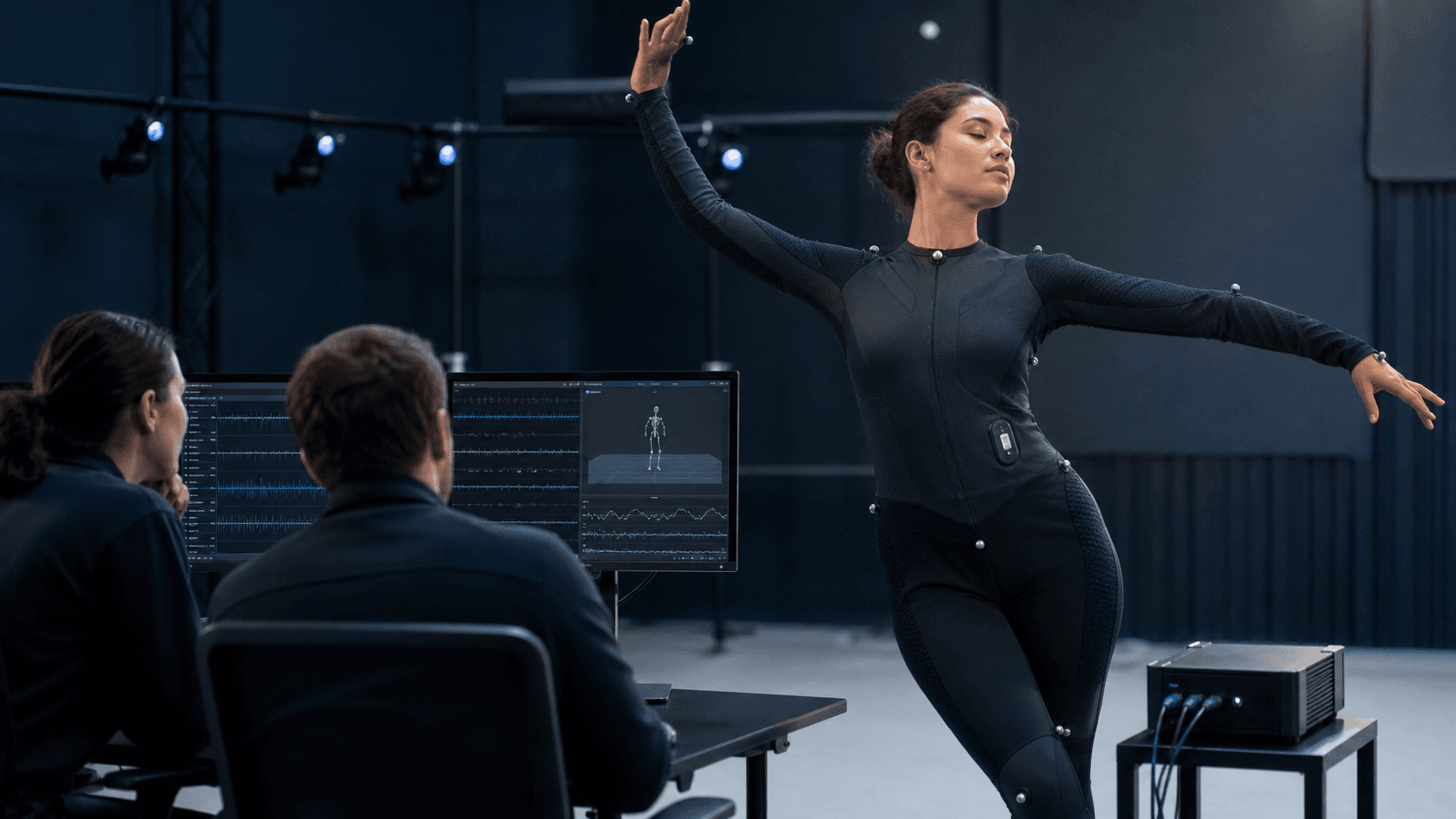A performer in a sensor-equipped smart garment working in a supervised motion-capture studio with local processing equipment.