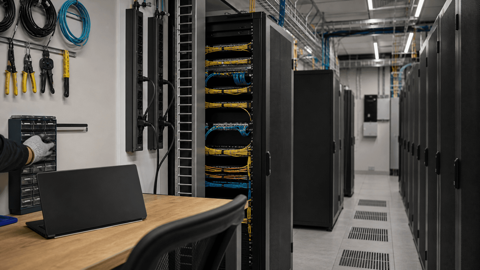 AI-generated realistic editorial reconstruction: a generic unbranded hosting operations rack aisle with cabling, power gear and a closed laptop.
