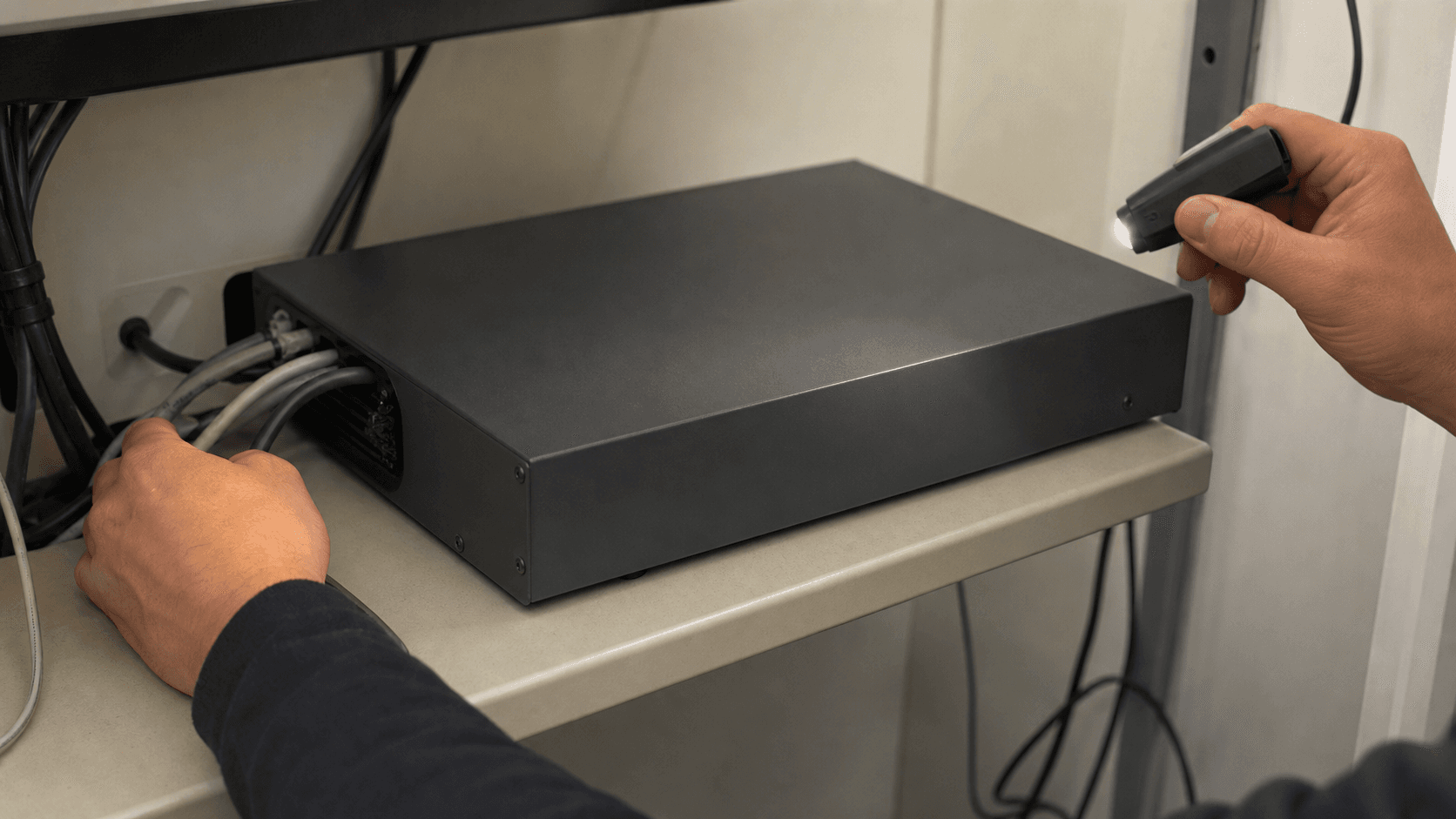 An AI-generated editorial reconstruction shows cropped hands use a small light to audit the rear connections of one older unbranded network appliance.