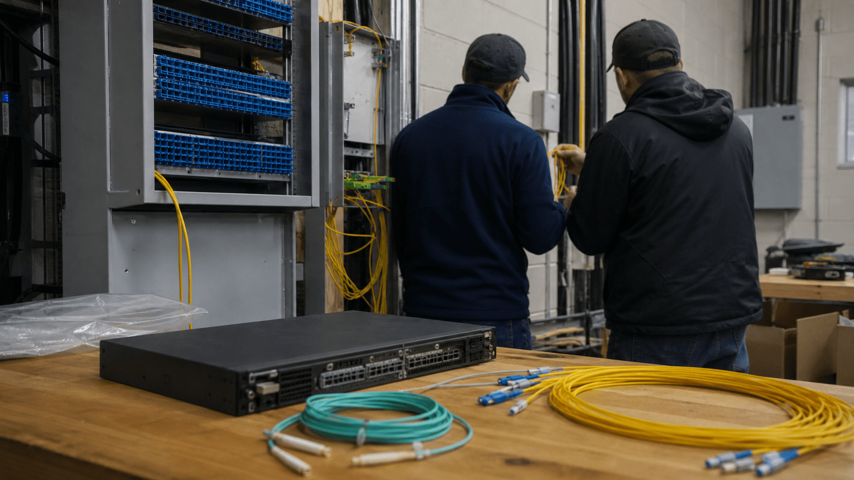Illustrative generic public-service network handoff with two anonymous technicians and unbranded fibre equipment.
