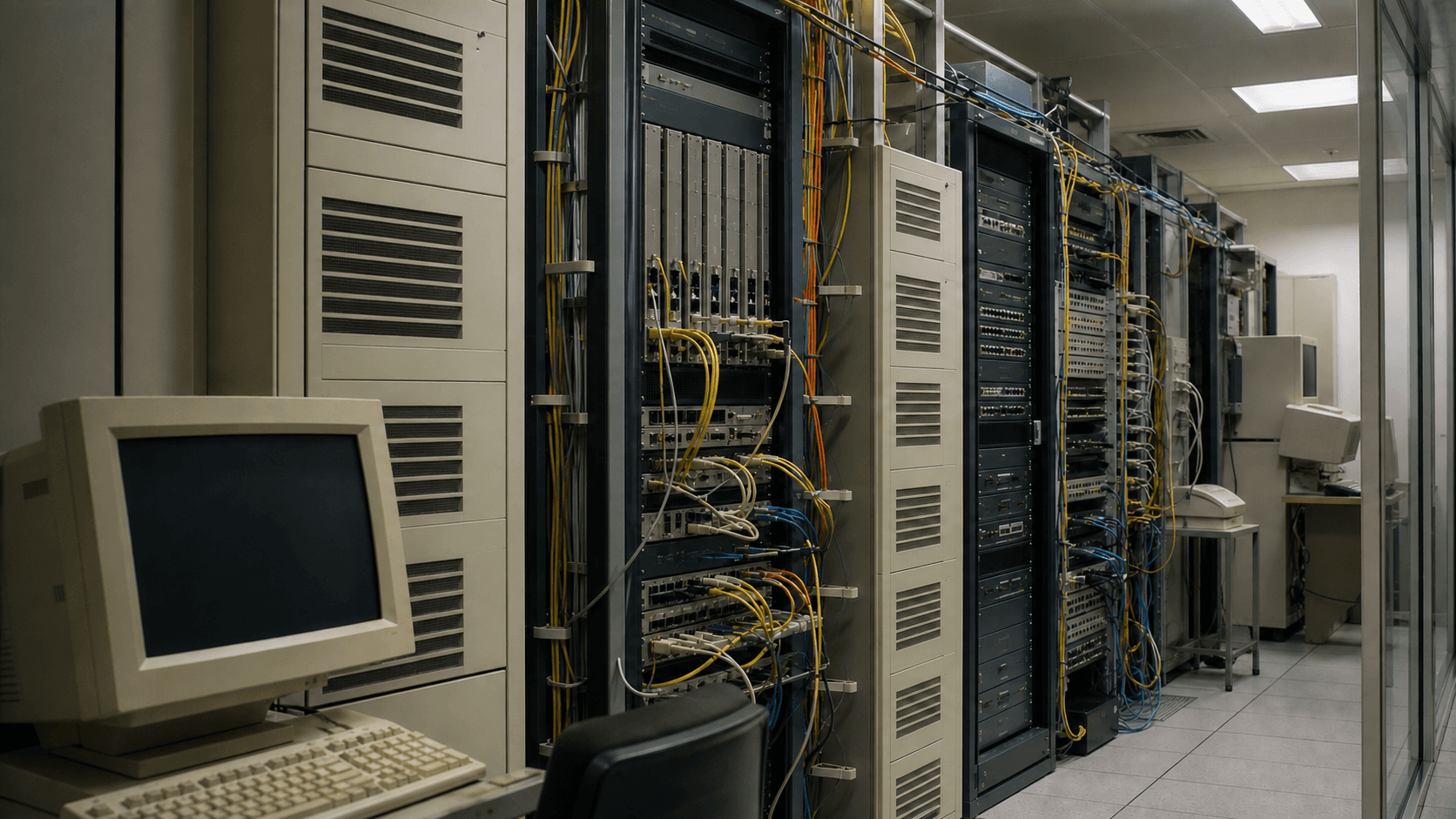 A late-1990s carrier network room with routing chassis, patch panels and separate physical links.