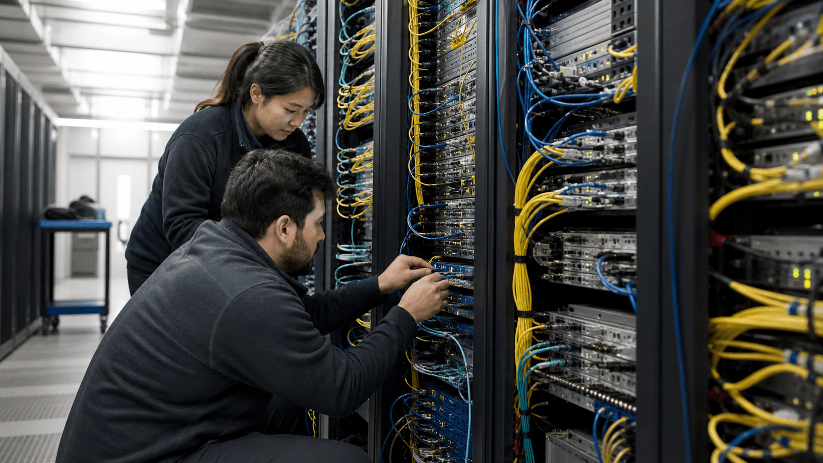 Technicians inspect routing equipment and dense fibre connections in a generic Internet edge-network facility.