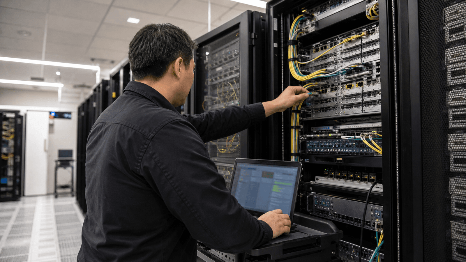 Network engineer checking fiber connections and routing equipment in a telecom facility.