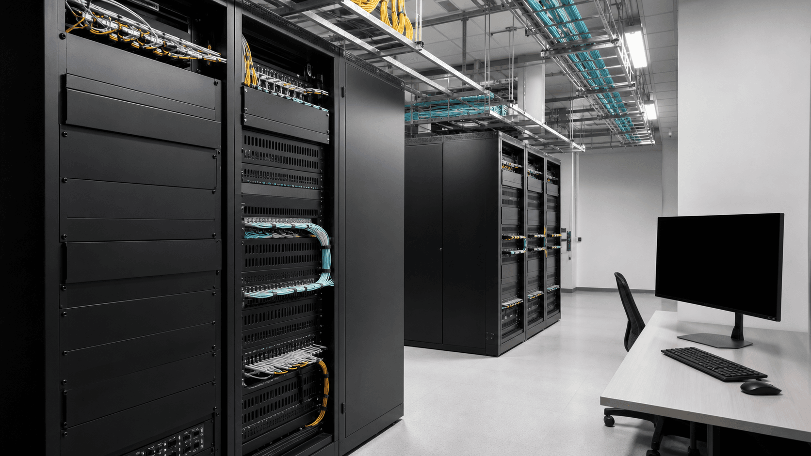 Unbranded redundant network equipment paths and an isolated dark operations console in a generic technical facility.