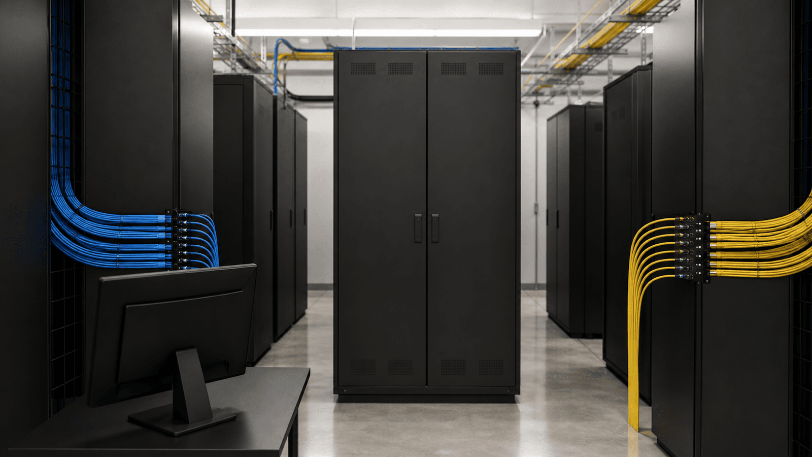 Representative network routing equipment racks with separate fibre paths in an operations room