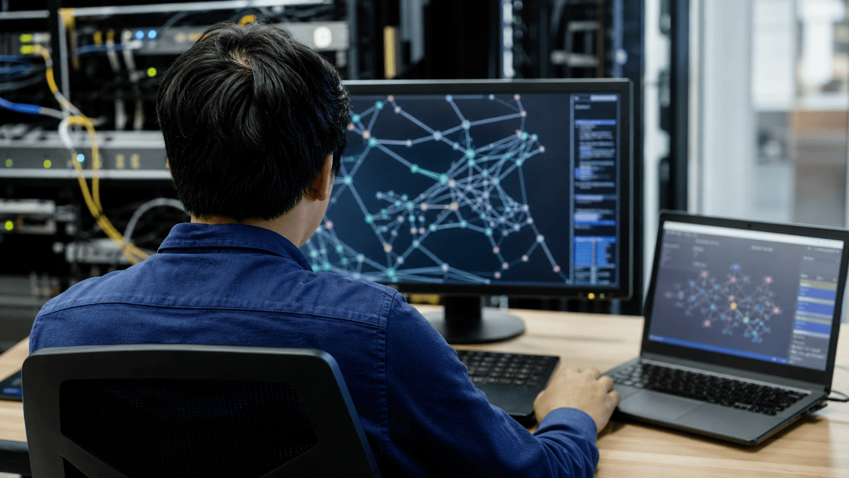 An anonymous routing engineer reviews abstract network topology state in a generic technical workspace.