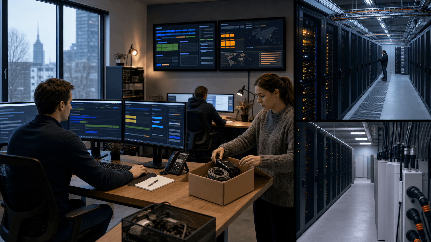A compact Dutch hosting desk sits between two separate colocation halls while a customer prepares data and credentials for an exit.