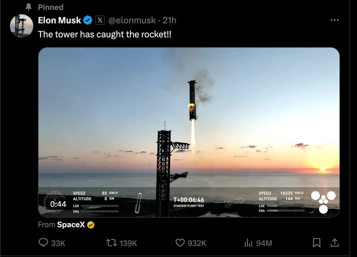 SpaceX、巨大な「箸」で帰還する Starship ブースターをキャッチし歴史を作る