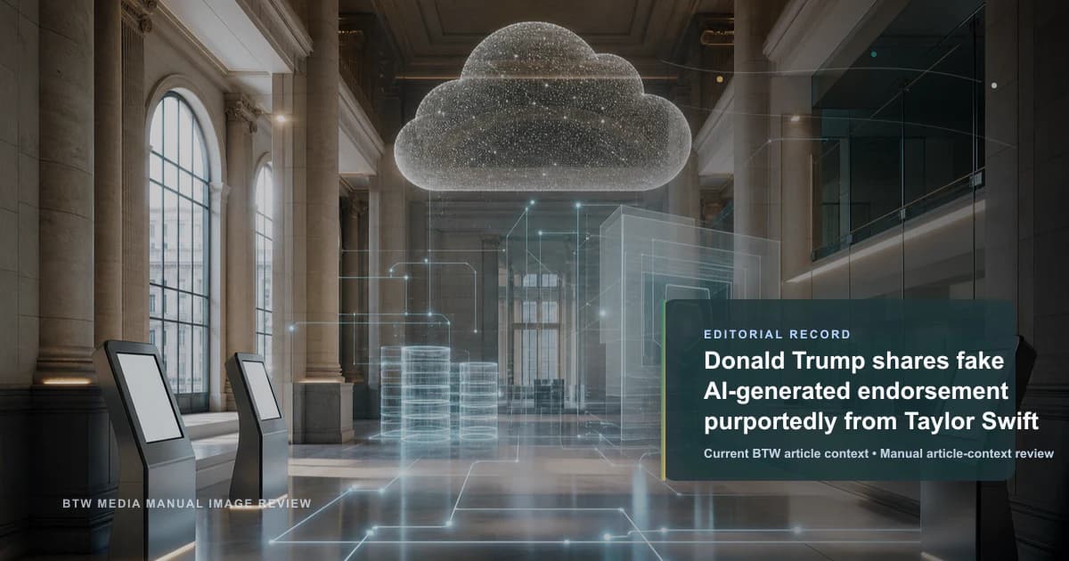Donald Trump shares fake AI-generated endorsement purportedly from Taylor Swift reviewed editorial briefing visual