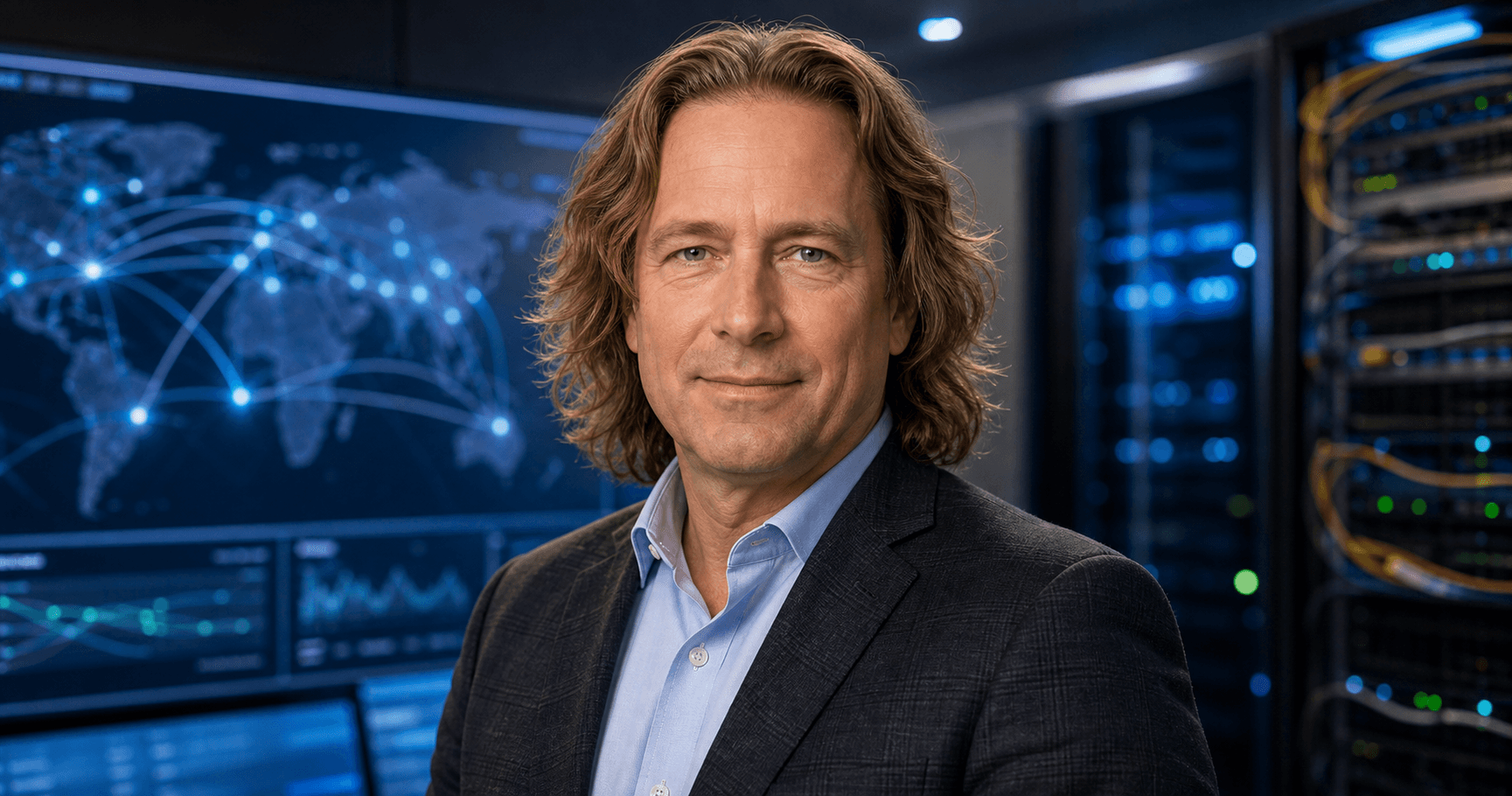 AI editorial portrait of Alan Fower in an enterprise telecom sales-engineering environment.