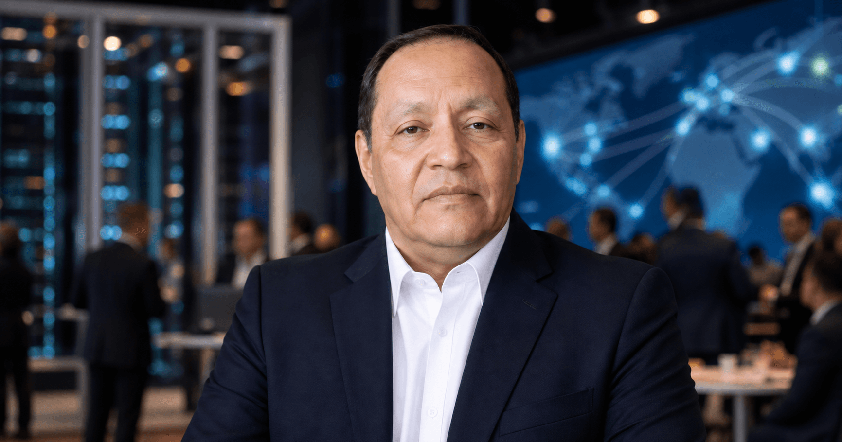 AI editorial portrait of Alejandro Hernandez in a telecom interconnection conference environment.