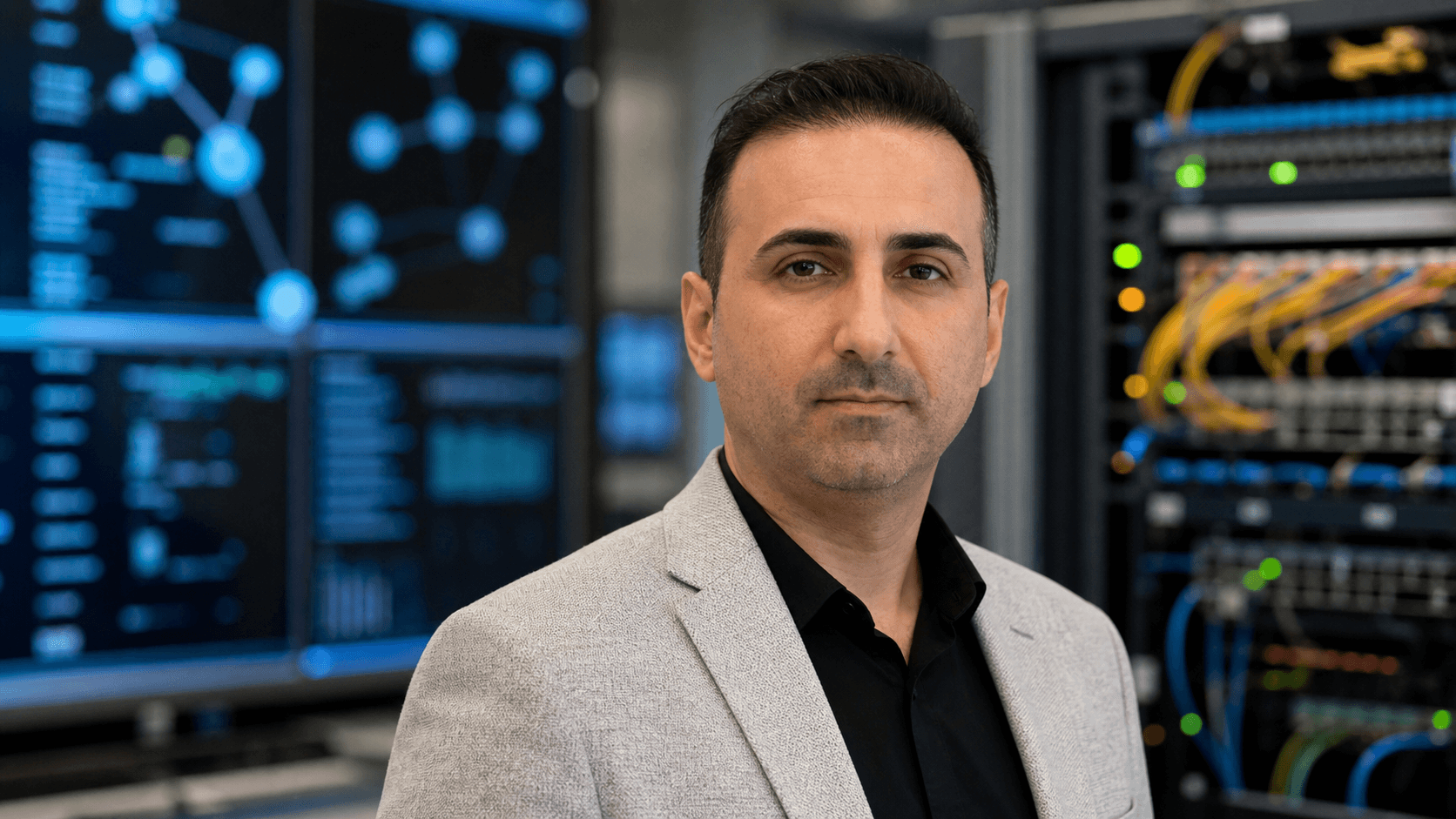 AI-generated editorial portrait of Reza Fateminia based on a public profile photo