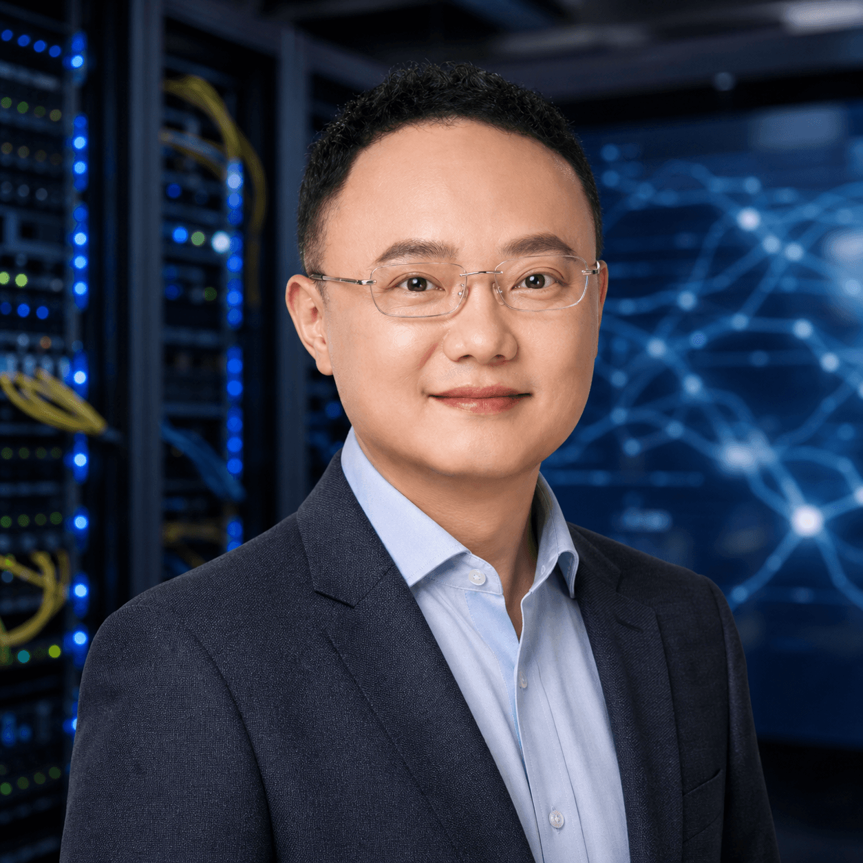 AI-generated editorial portrait of Xiufeng Guo based on a public profile photo