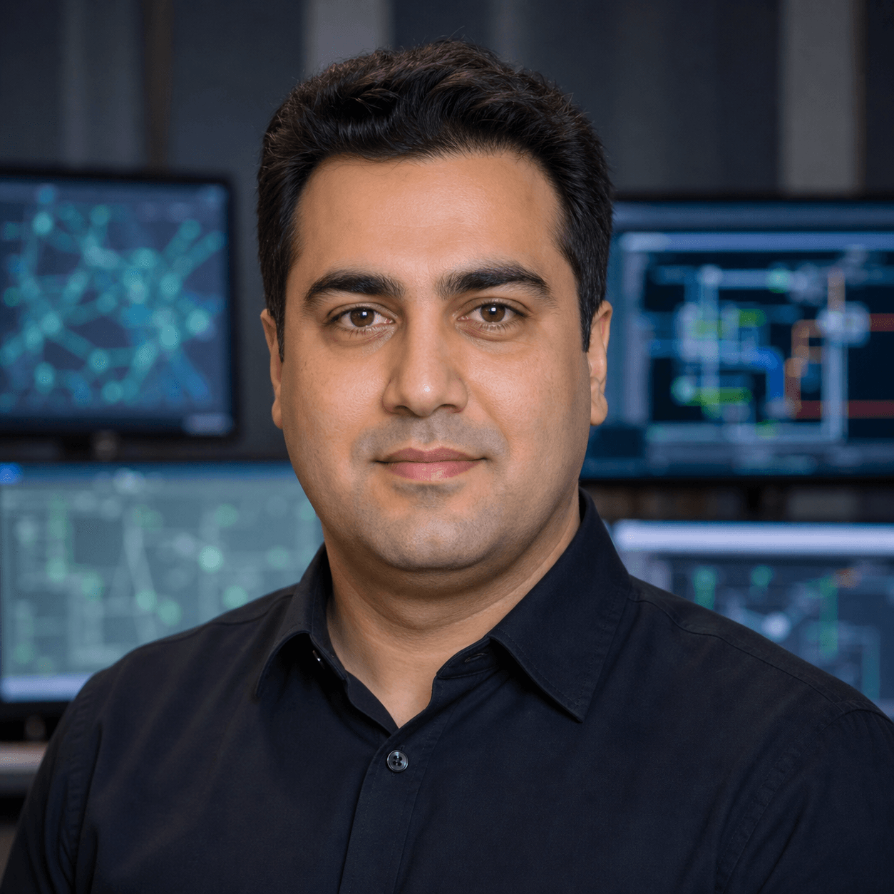 AI-generated editorial portrait of Kamran Salimi Nasr based on a public profile photo